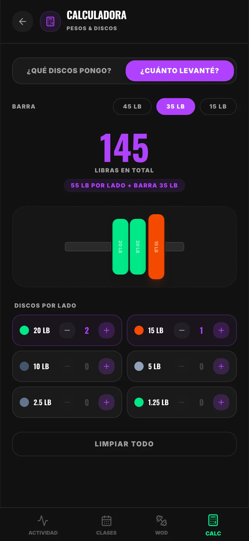 El modo «¿Cuánto levanté?»: marcas los discos de un lado y te da el peso total