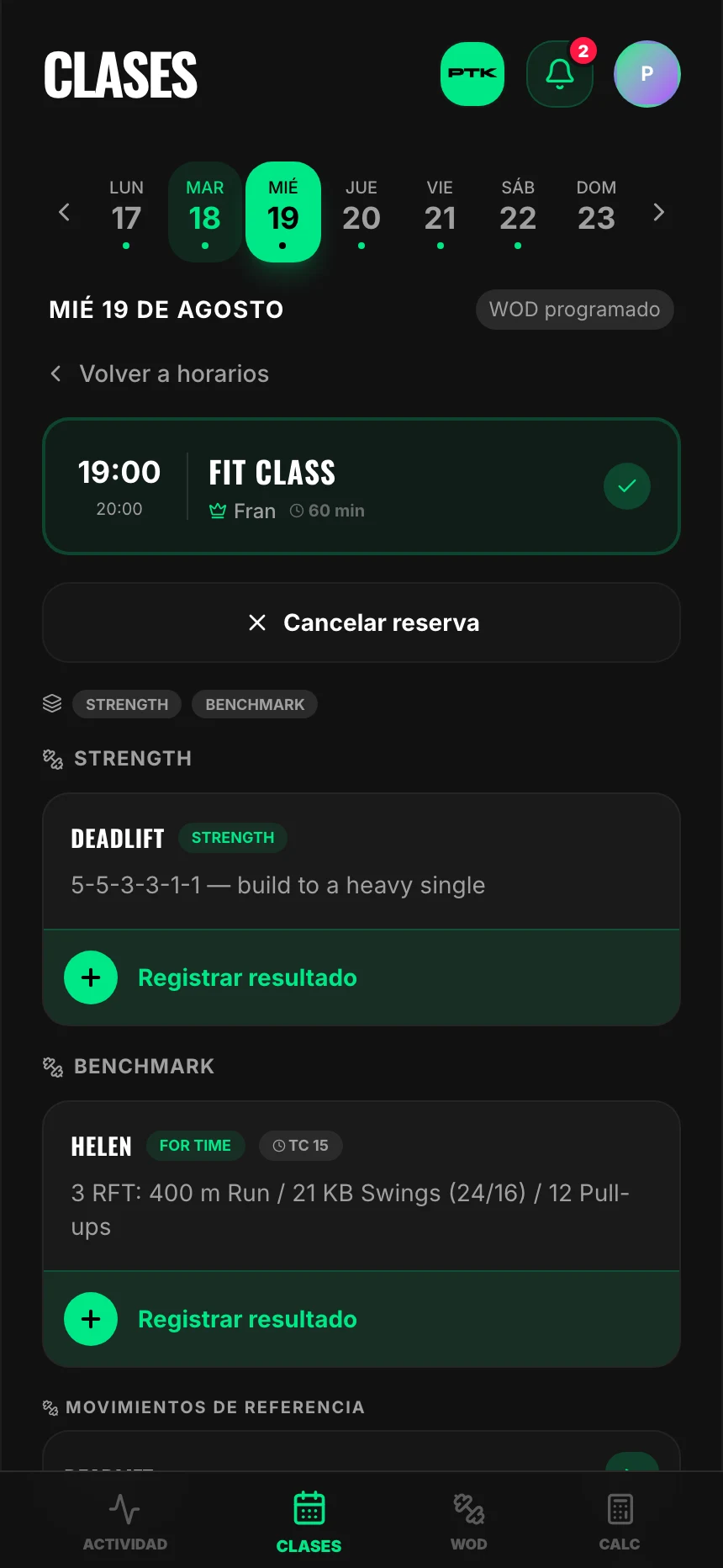 Tu clase reservada, con el botón para cancelar