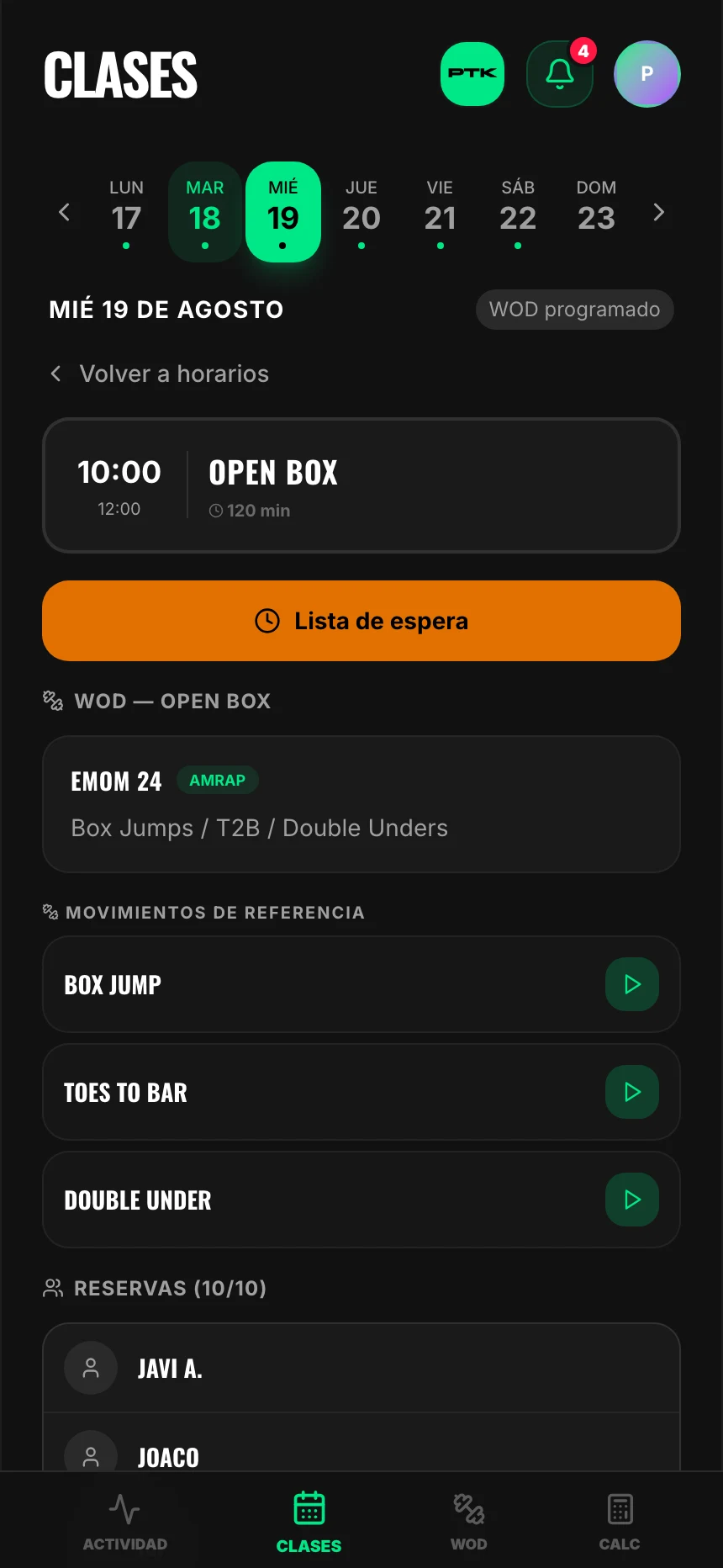 Una clase sin cupos, con la opción de anotarse en la lista de espera