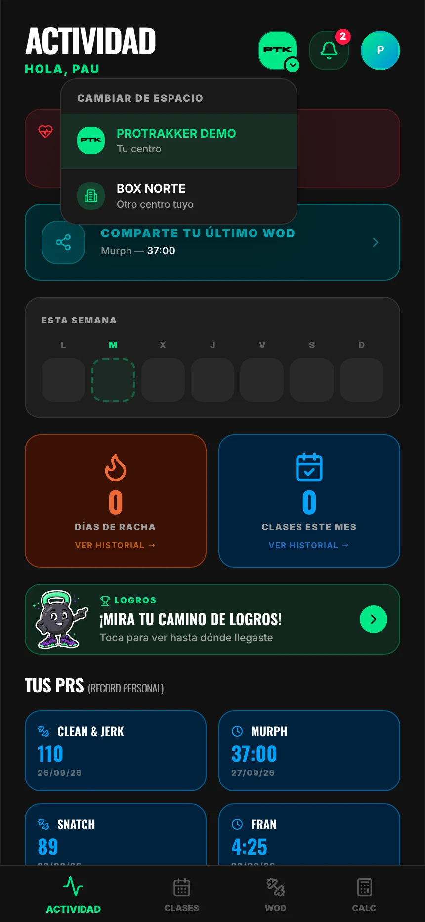 El menú que se abre al tocar el logo del box, con dos boxes para elegir