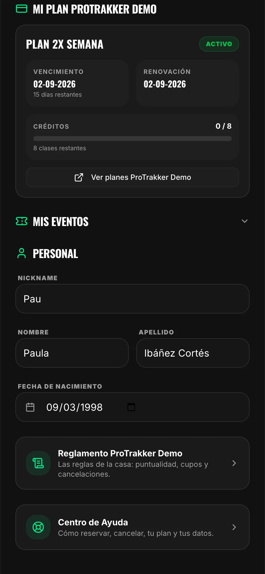 Tu plan en el perfil: cuál tienes, hasta cuándo y las clases que te quedan