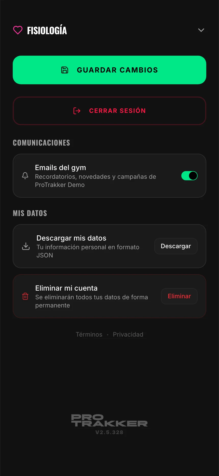 Descargar tus datos o eliminar tu cuenta, al final de tu perfil