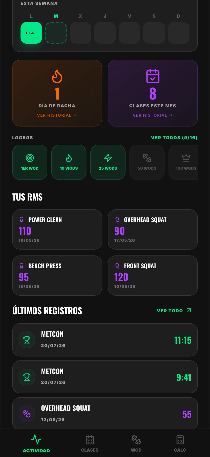Tu semana y tus clases del mes: lo que tu gimnasio marcó como asistencia