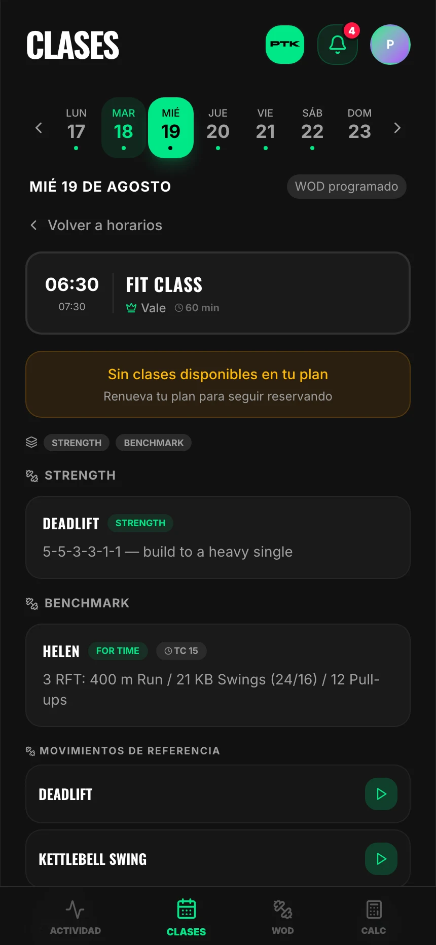 El aviso de que no quedan clases en el plan, en vez del botón de reservar