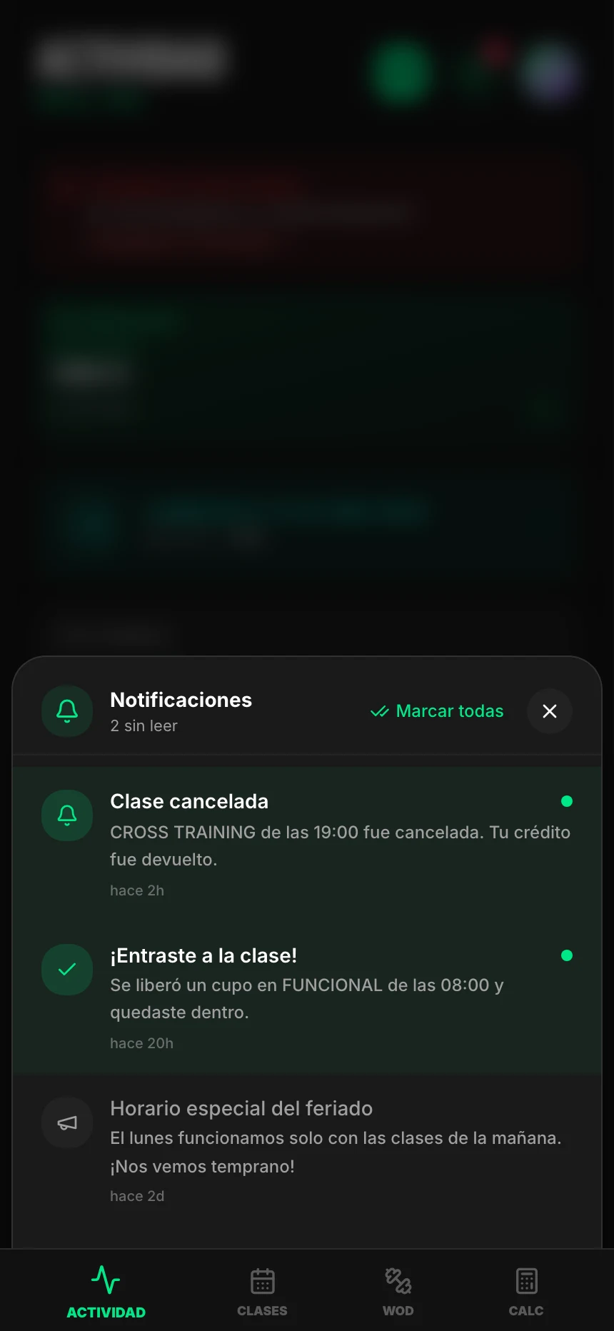 Los avisos que te llegan dentro de la app, en la campanita