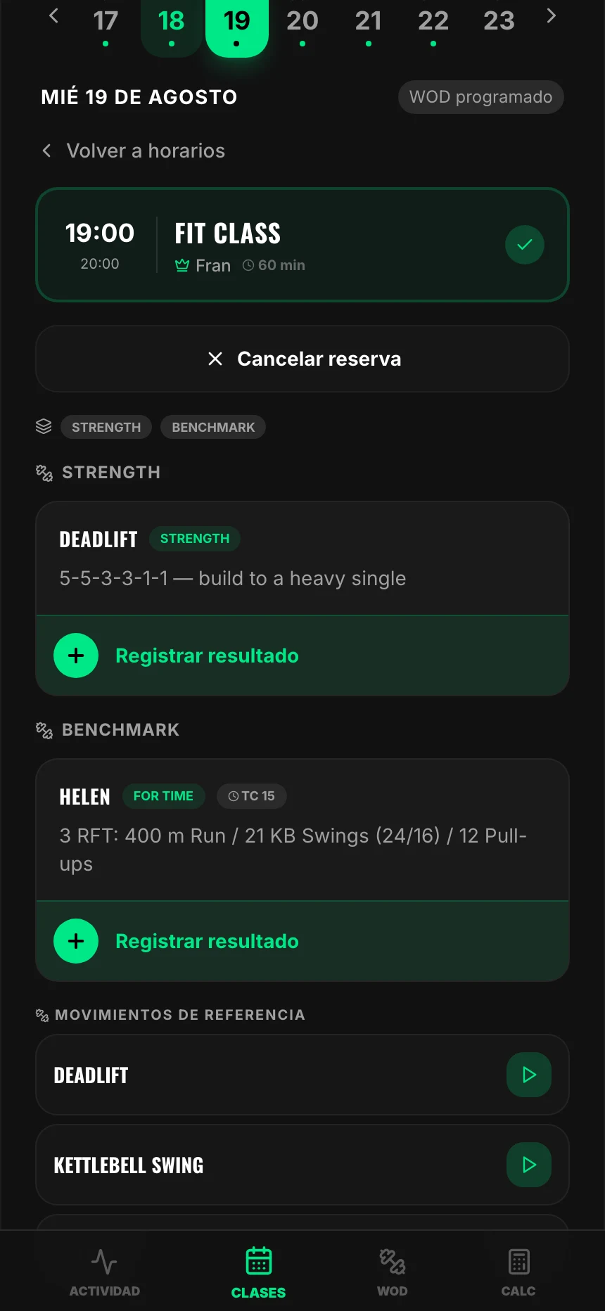 El botón «Registrar resultado» bajo cada bloque del entrenamiento