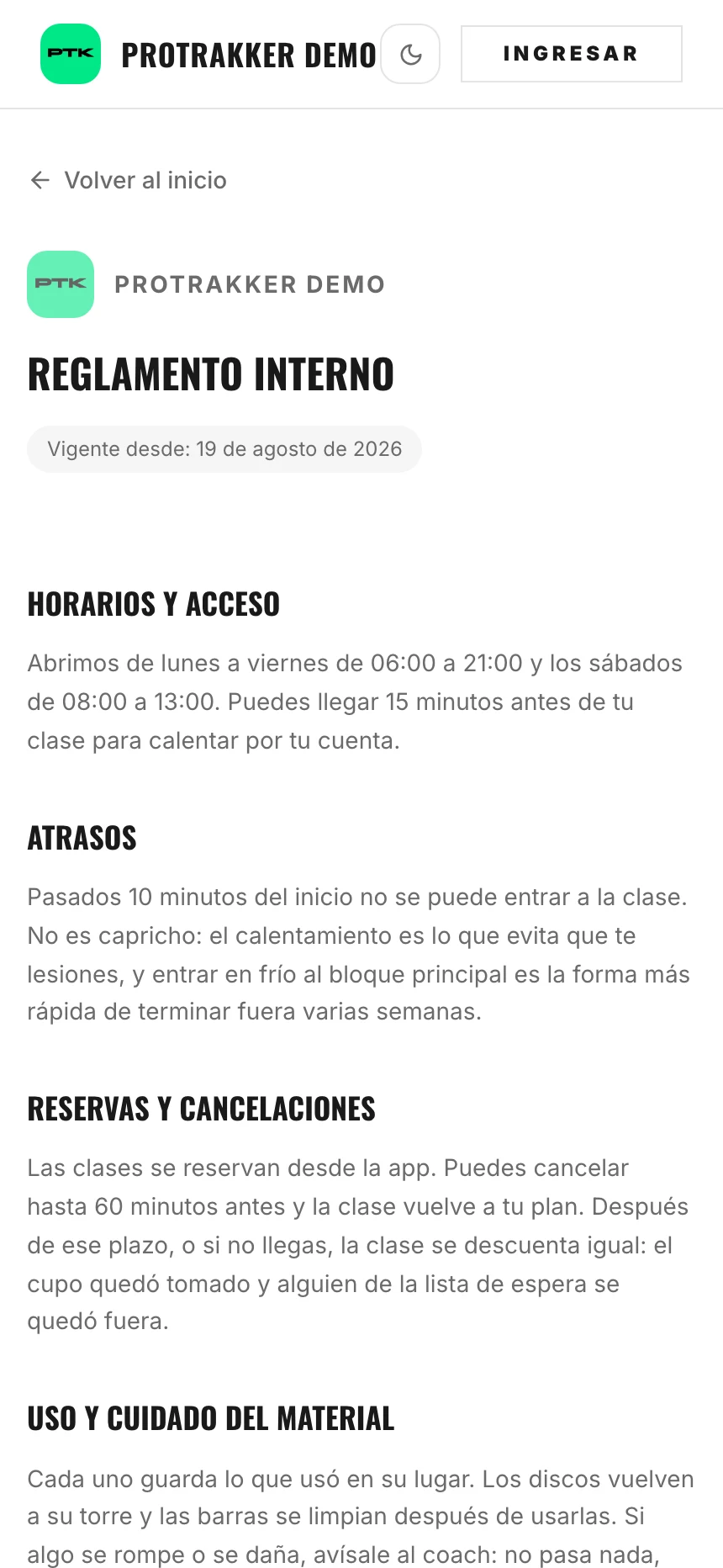 El reglamento del gimnasio, publicado en su página