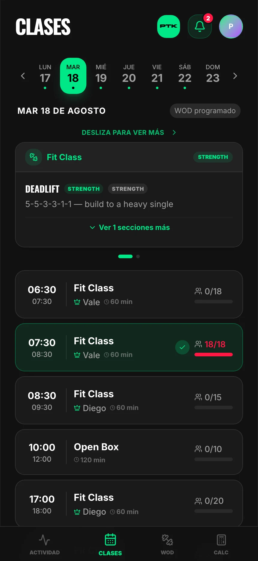 Las clases del día, con sus cupos, para reservar