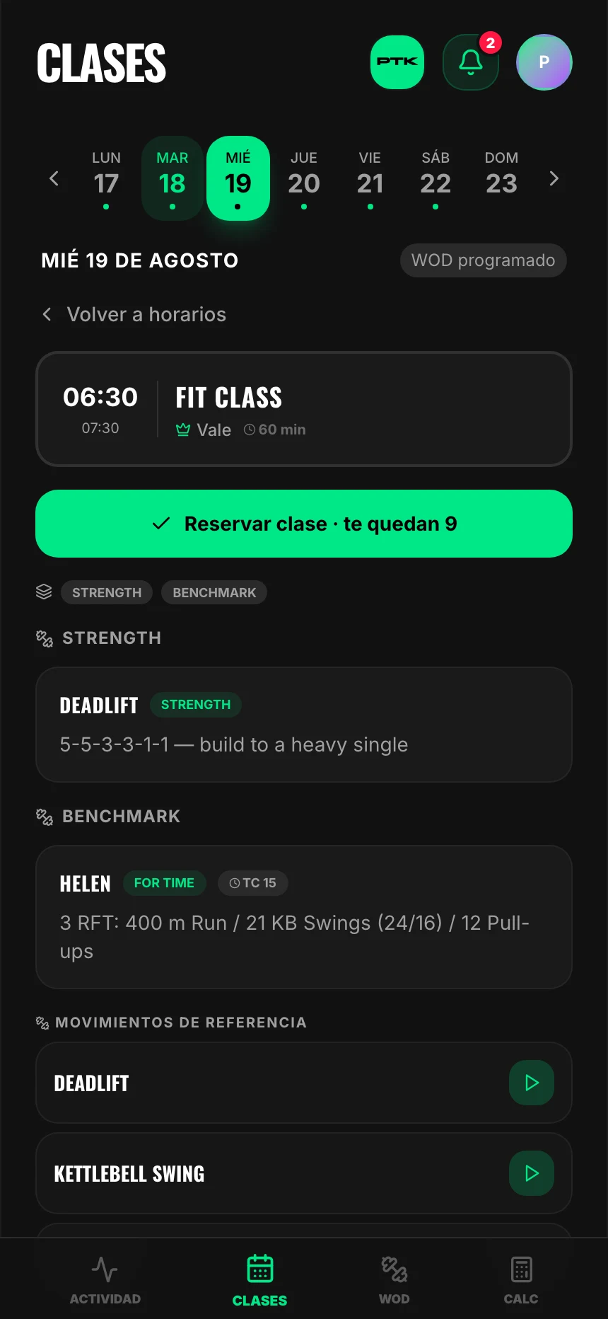 La clase abierta: el entrenamiento del día, el botón de reservar y quién va