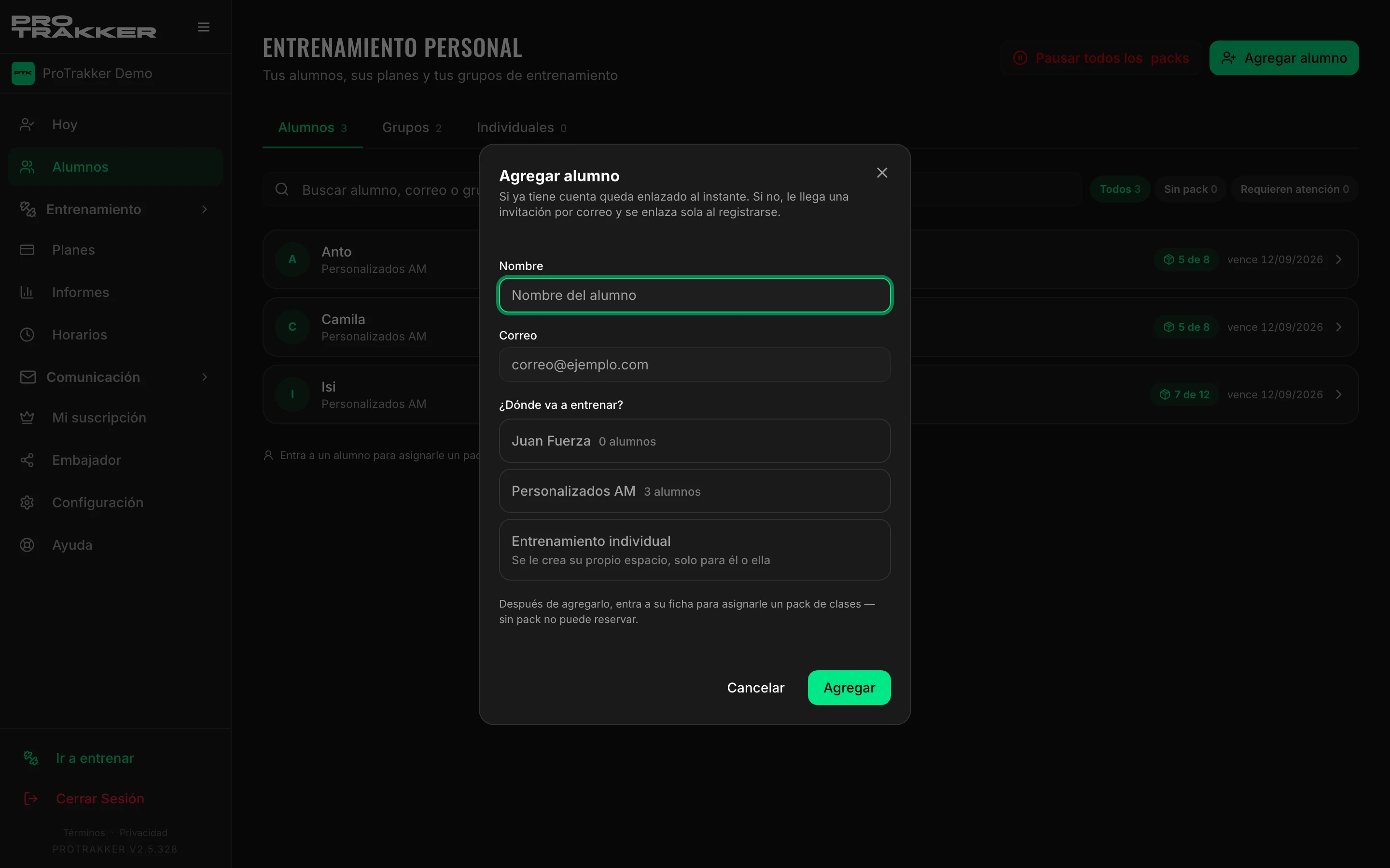 «Agregar alumno»: darle de alta y asignarle su pack de sesiones