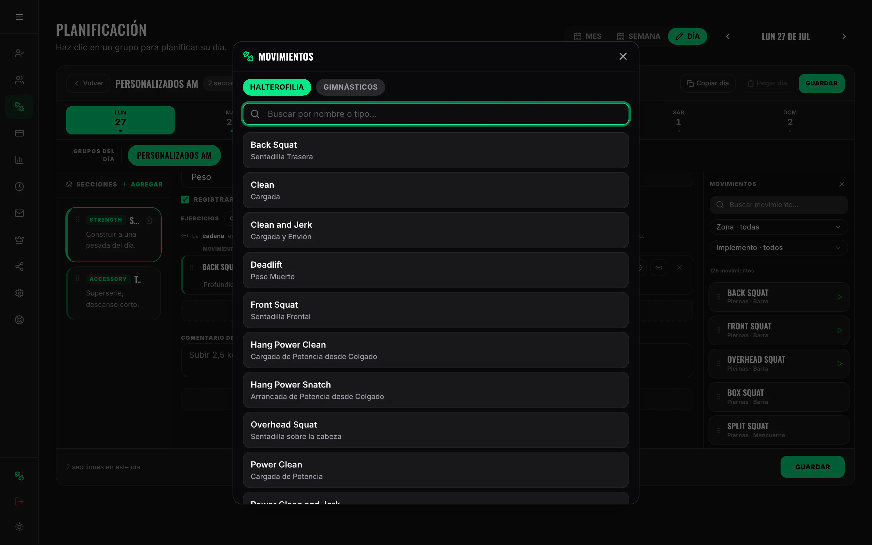 El selector de movimientos abierto desde el bloque: lo que se elija entra ahí dentro
