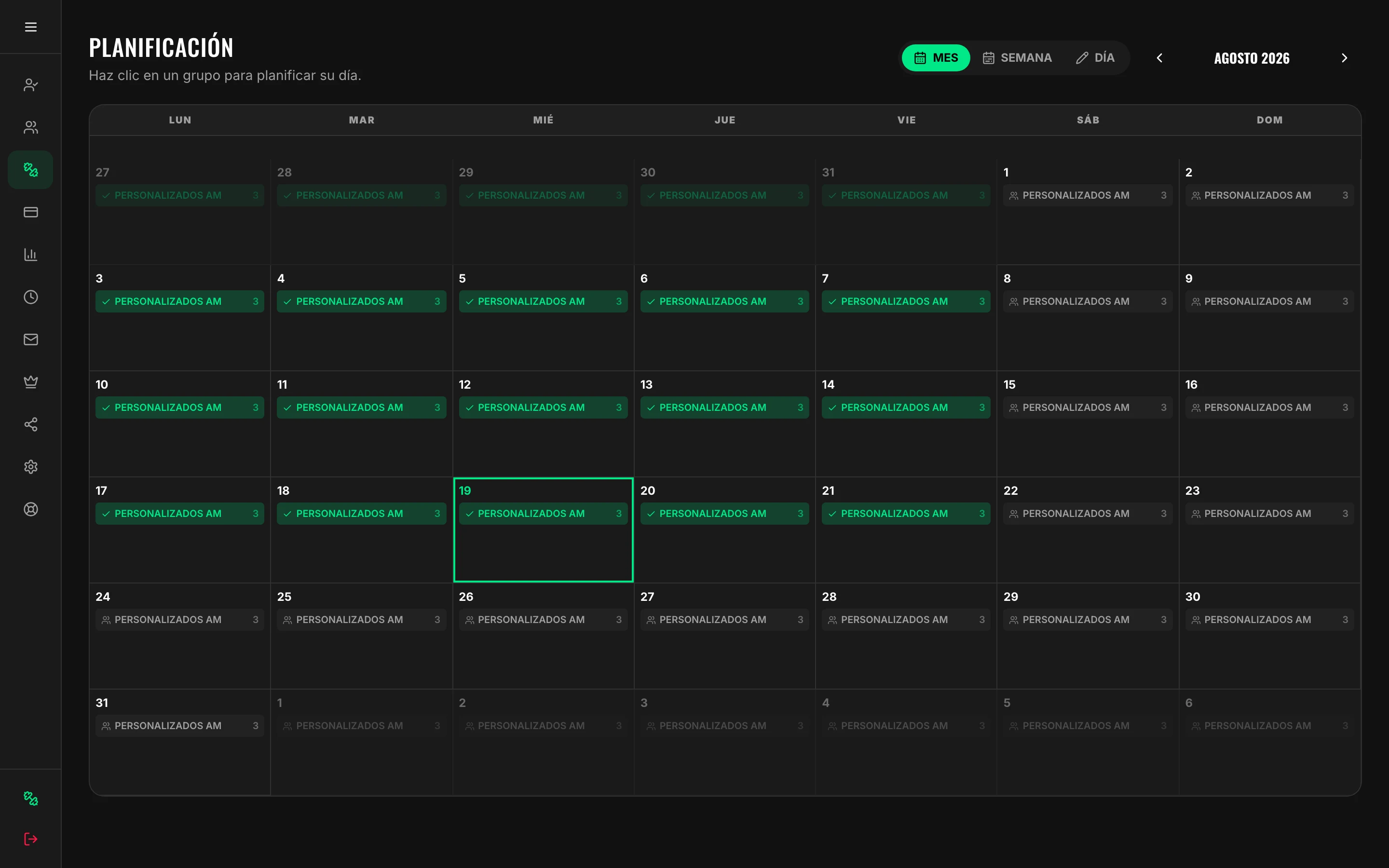 El calendario de planificación, con un bloque por grupo en cada día