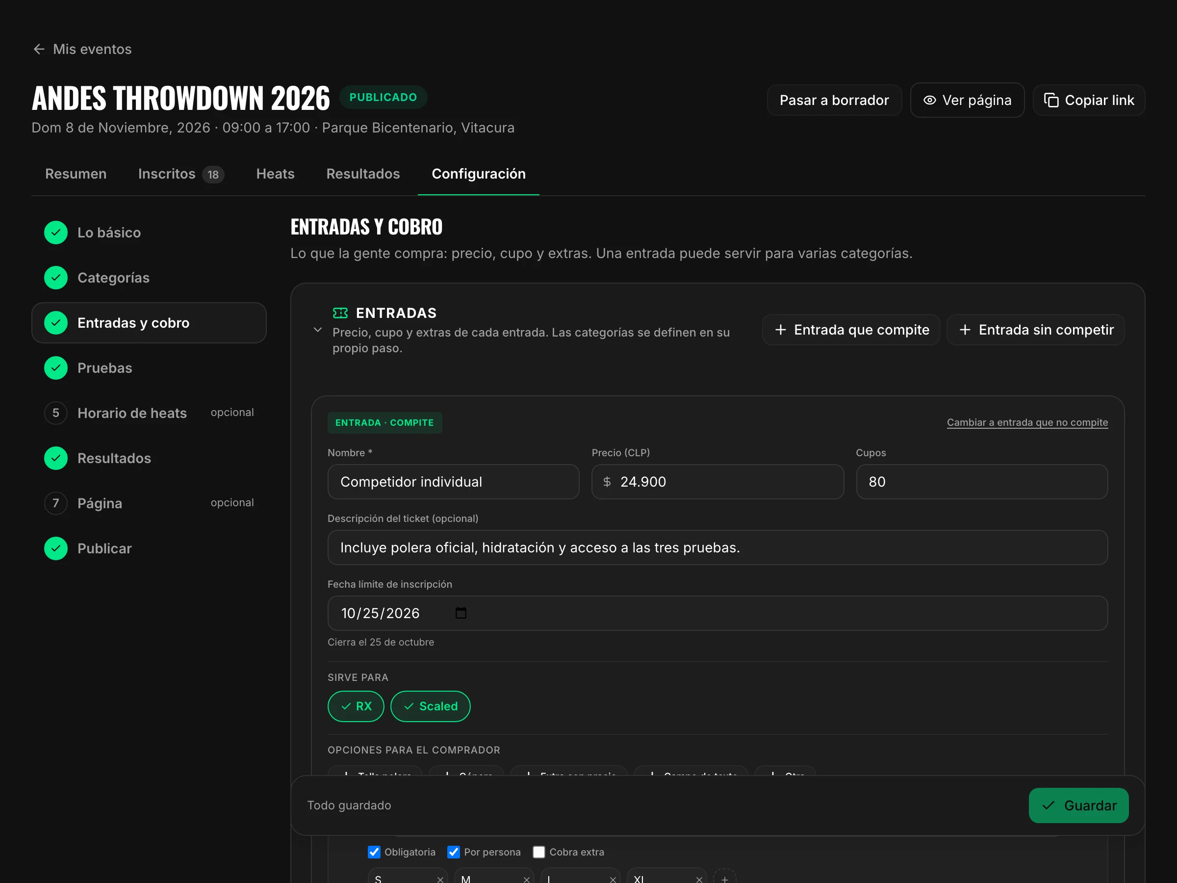 Las entradas del evento con su precio, su cupo y su fecha de cierre
