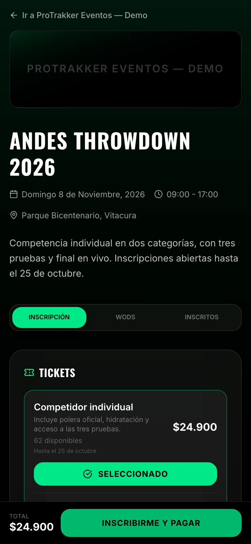 La página pública del evento: fecha, lugar, entradas y el botón de inscripción