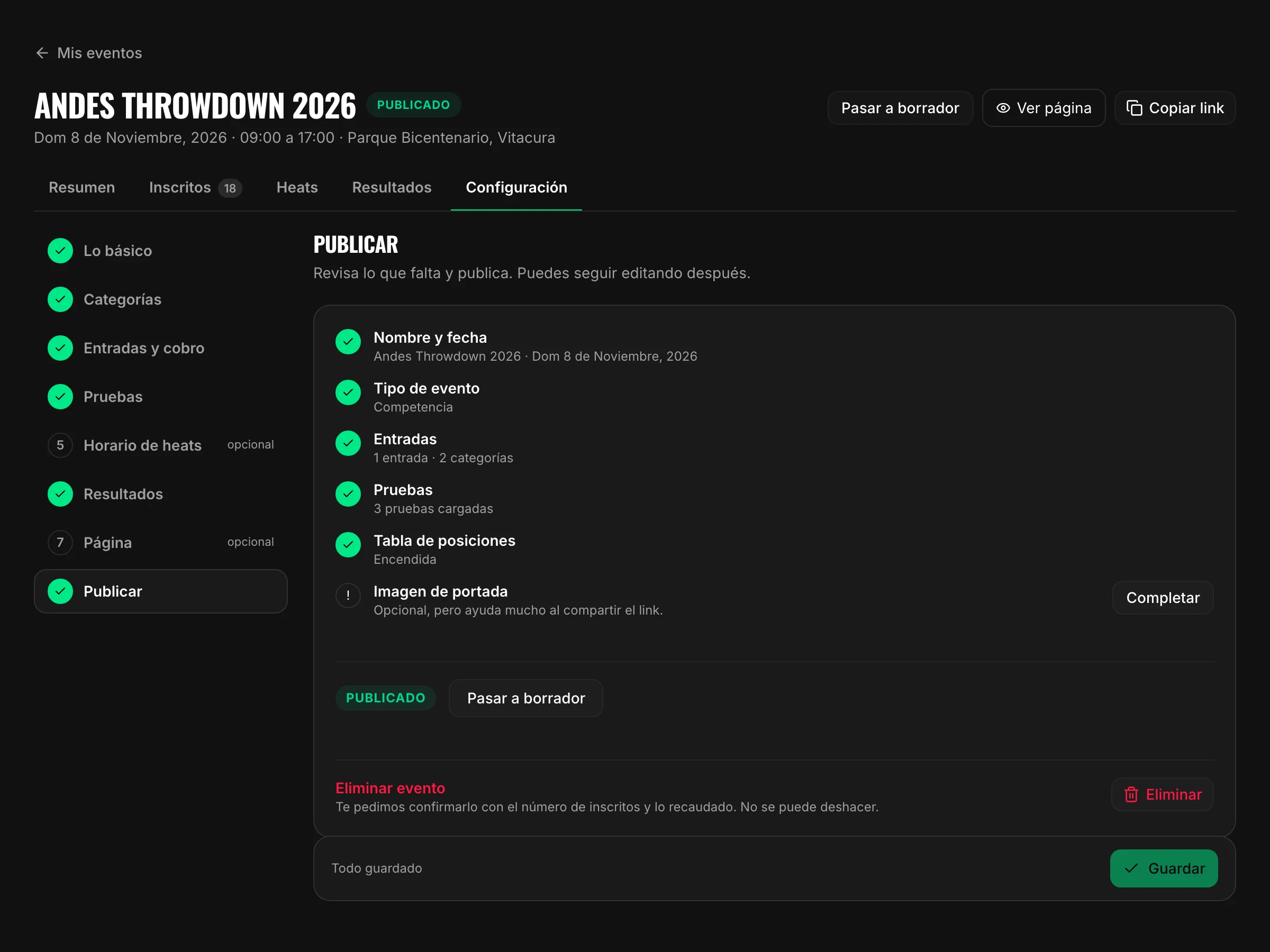 El último paso de la Configuración: lo que falta para publicar, el botón Publicar y, más abajo, eliminar el evento