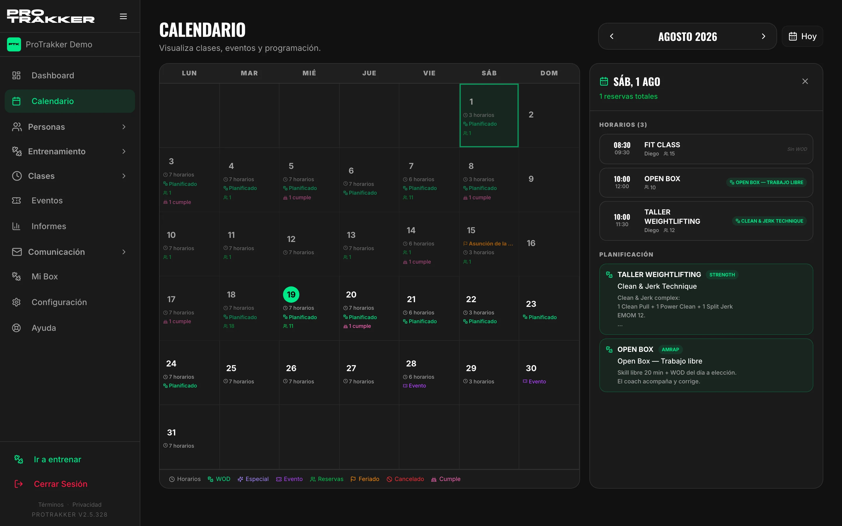 El calendario del mes, con las clases y la planificación de cada día