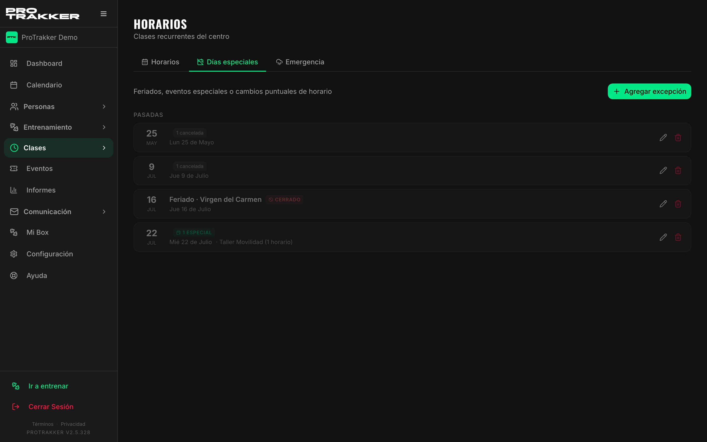 Días especiales, para dejar programado el cierre de un día