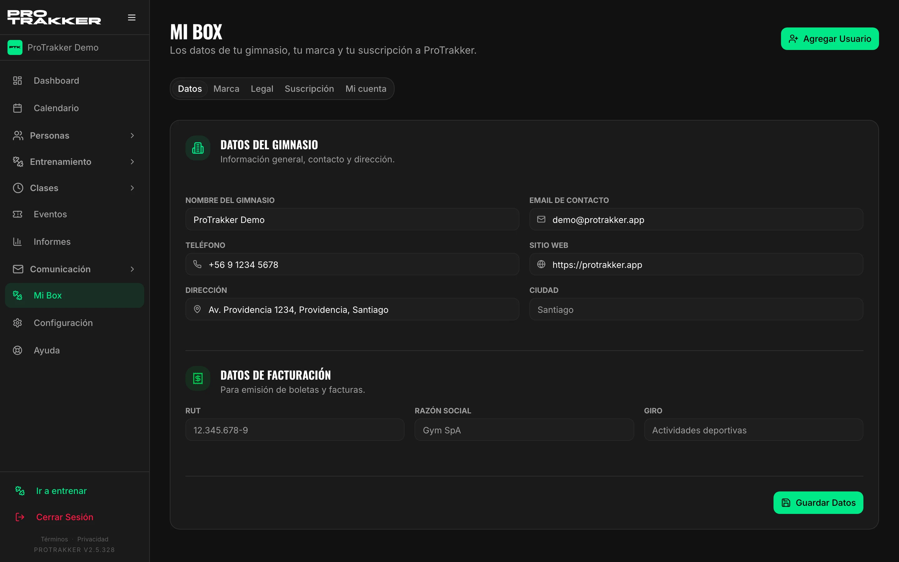 Datos del gimnasio: dirección, teléfono y correo