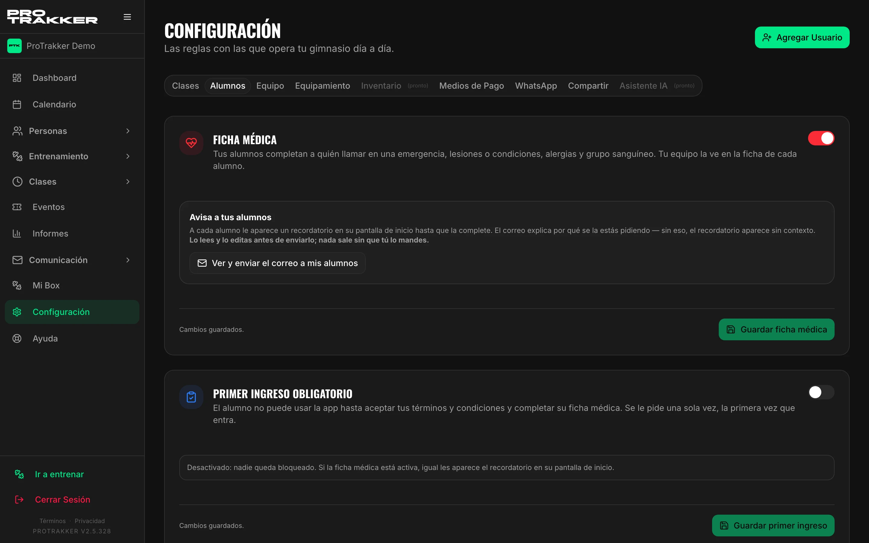 El interruptor de la ficha médica en Configuración → Alumnos