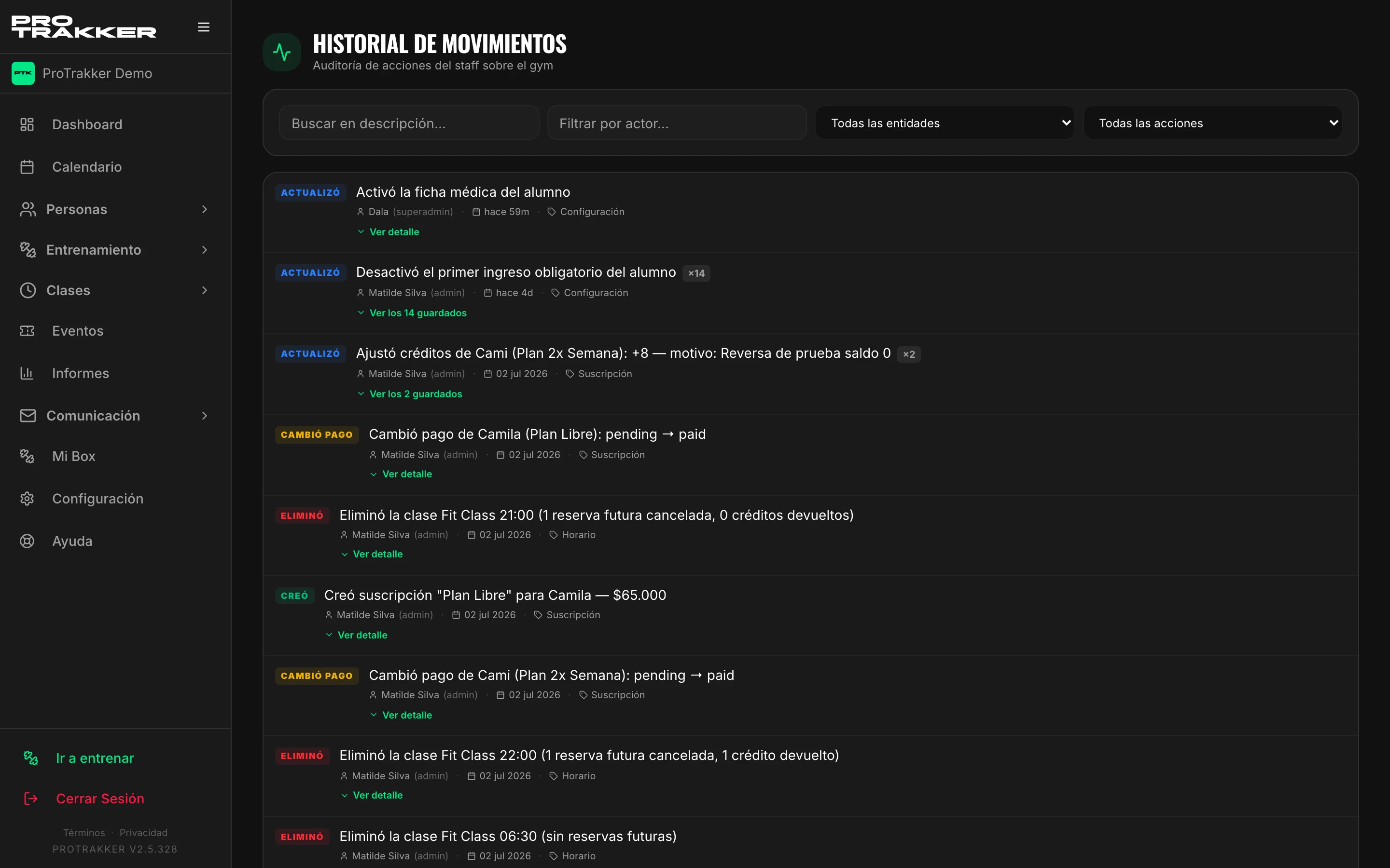 Historial de acciones del equipo