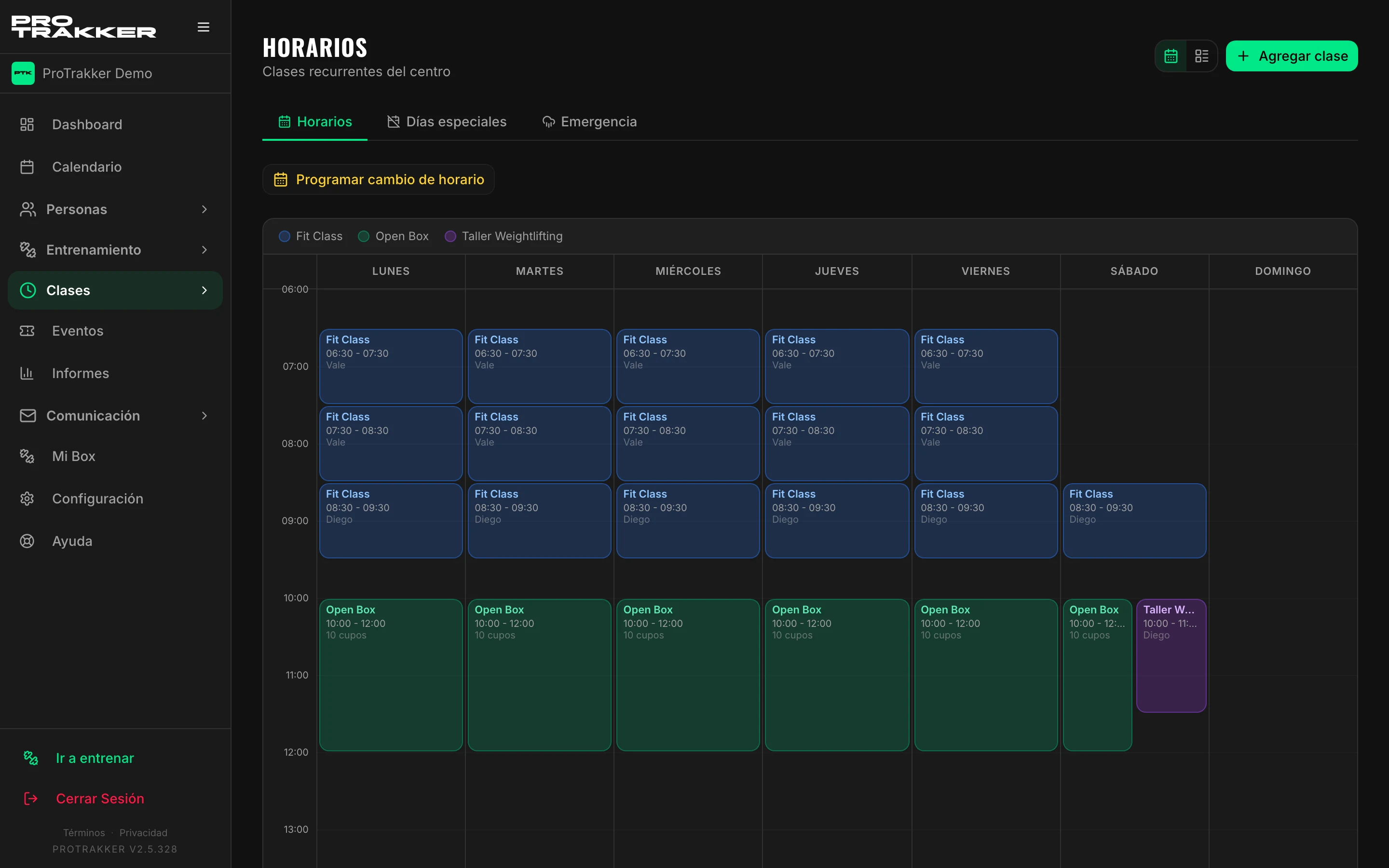 Pantalla de Horarios con las clases de la semana