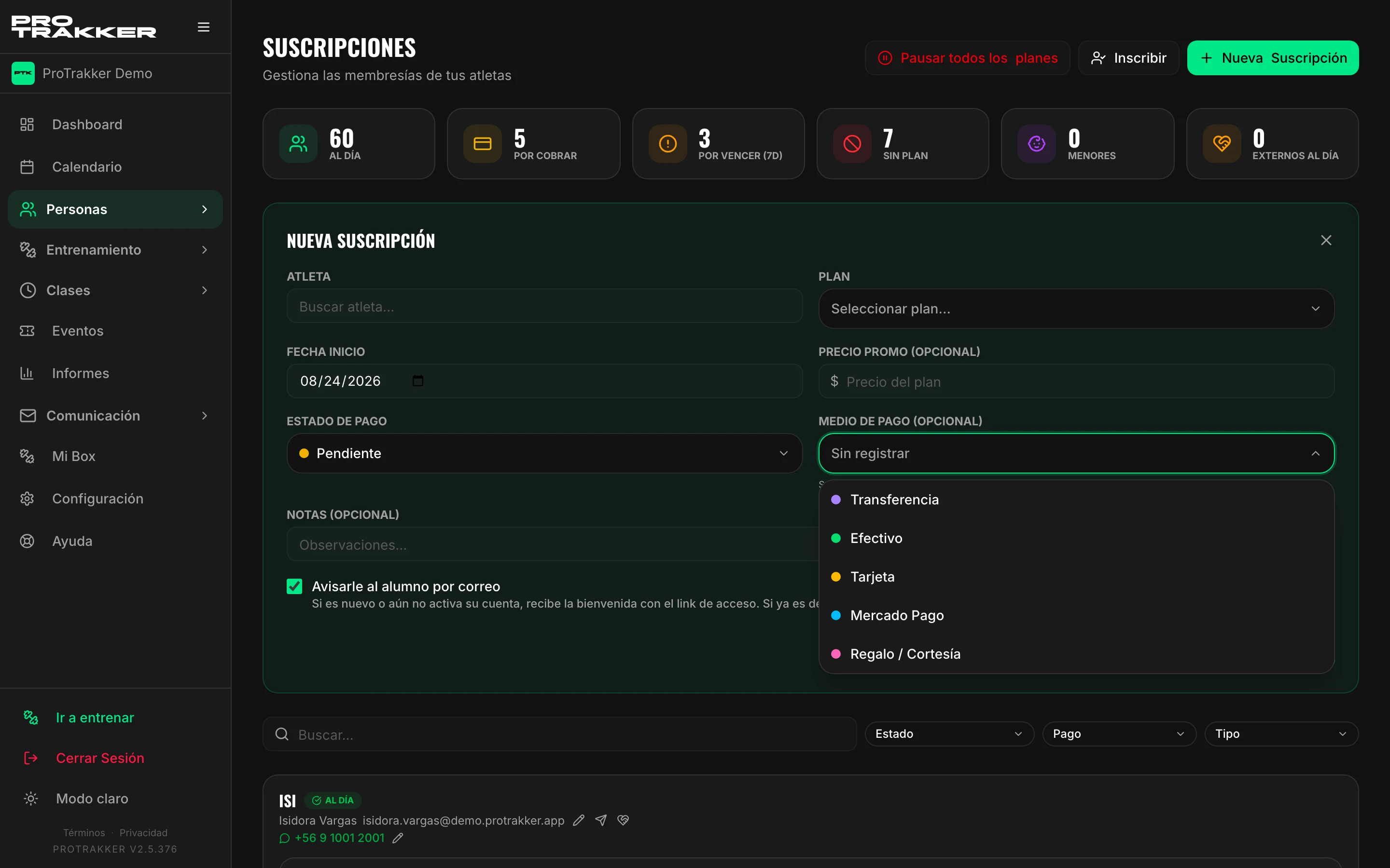 La lista de medios de pago desplegada, con los cinco disponibles