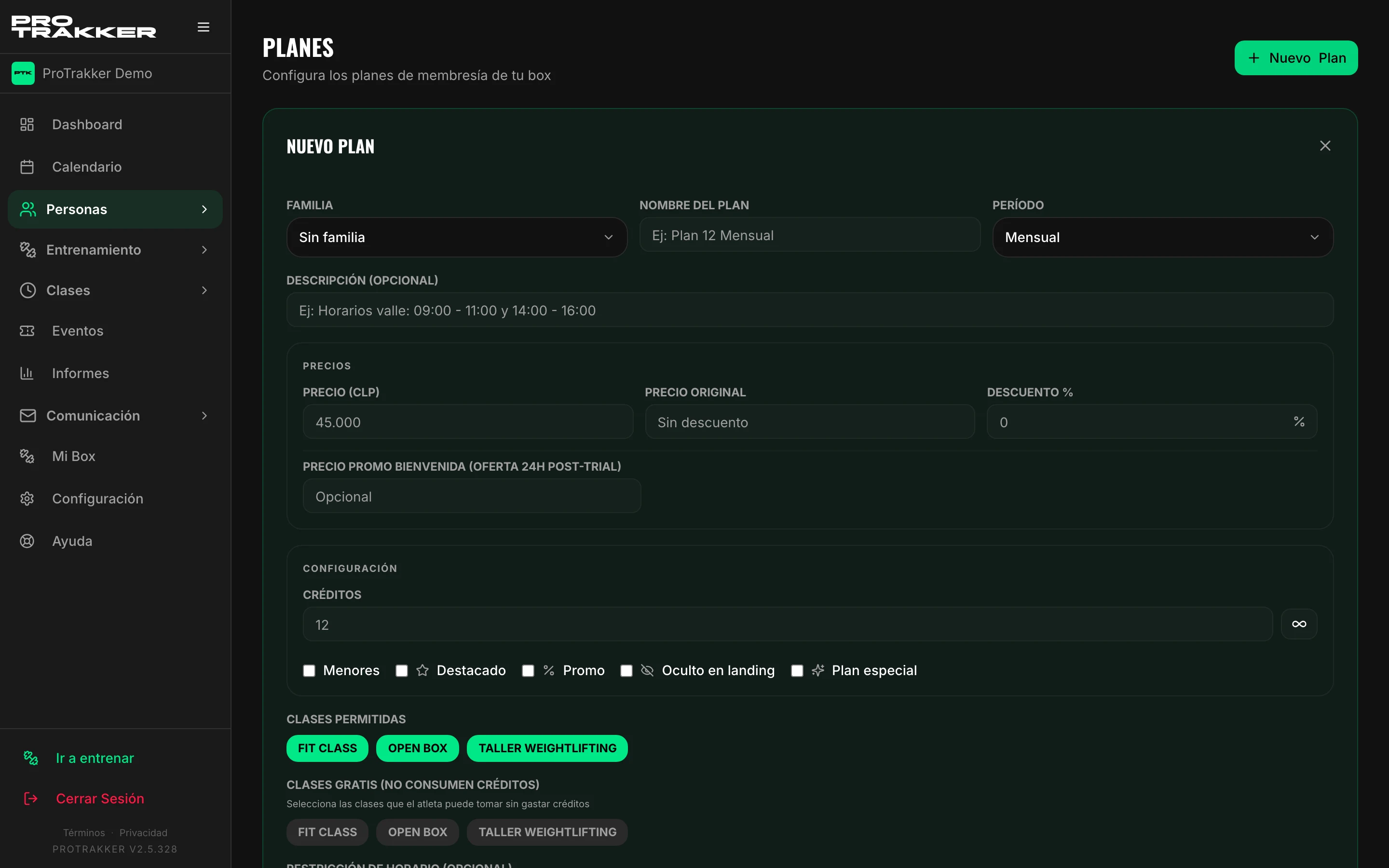 El formulario de un plan, con la lista de horarios a los que da acceso