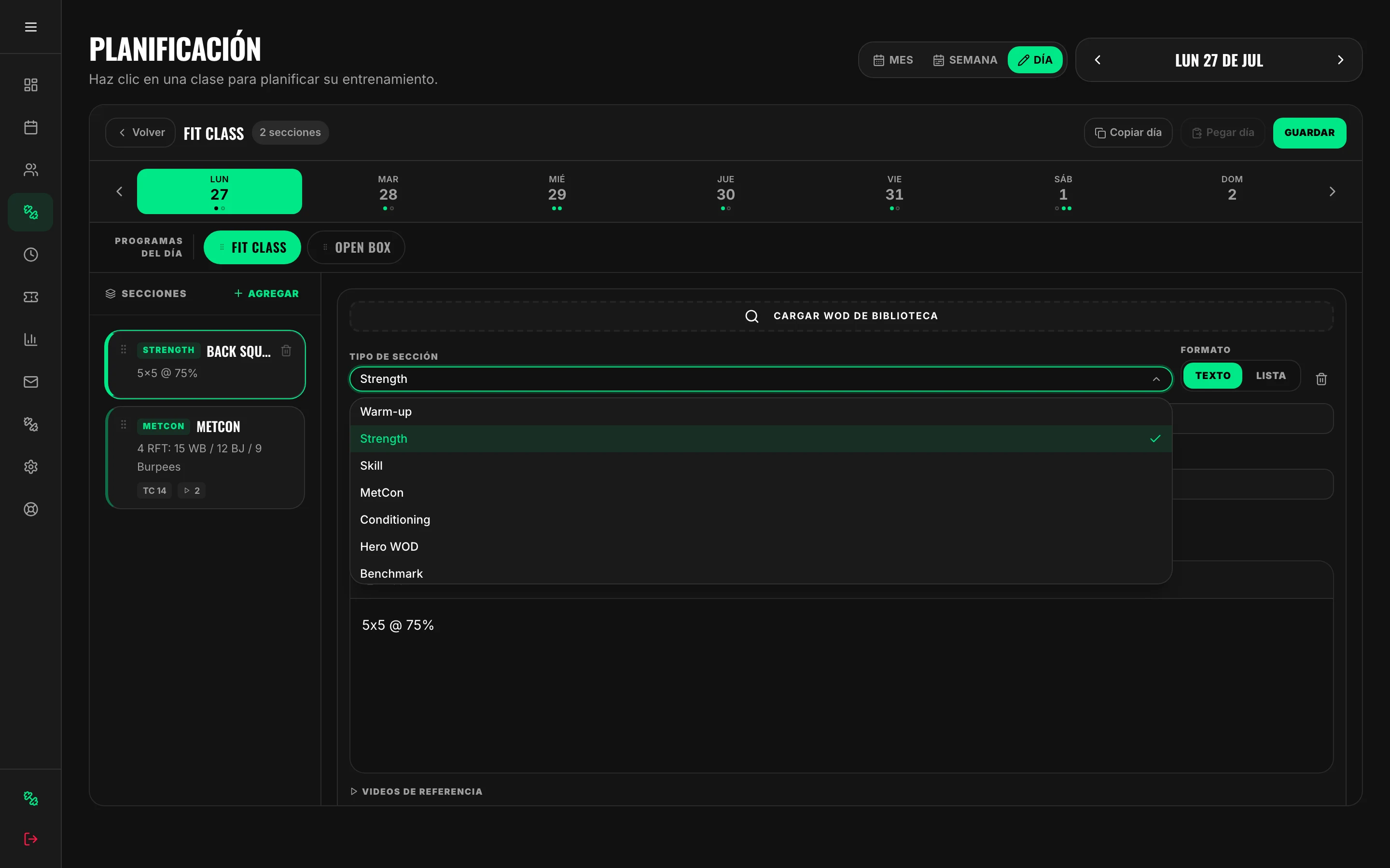 Editor de un bloque: tipo de sección, formato y contenido
