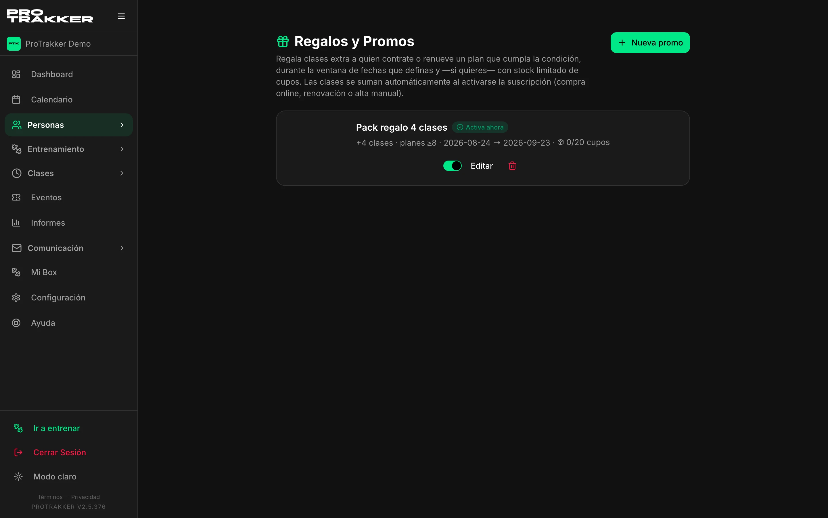 La pestaña Regalos y Promos con una promoción activa