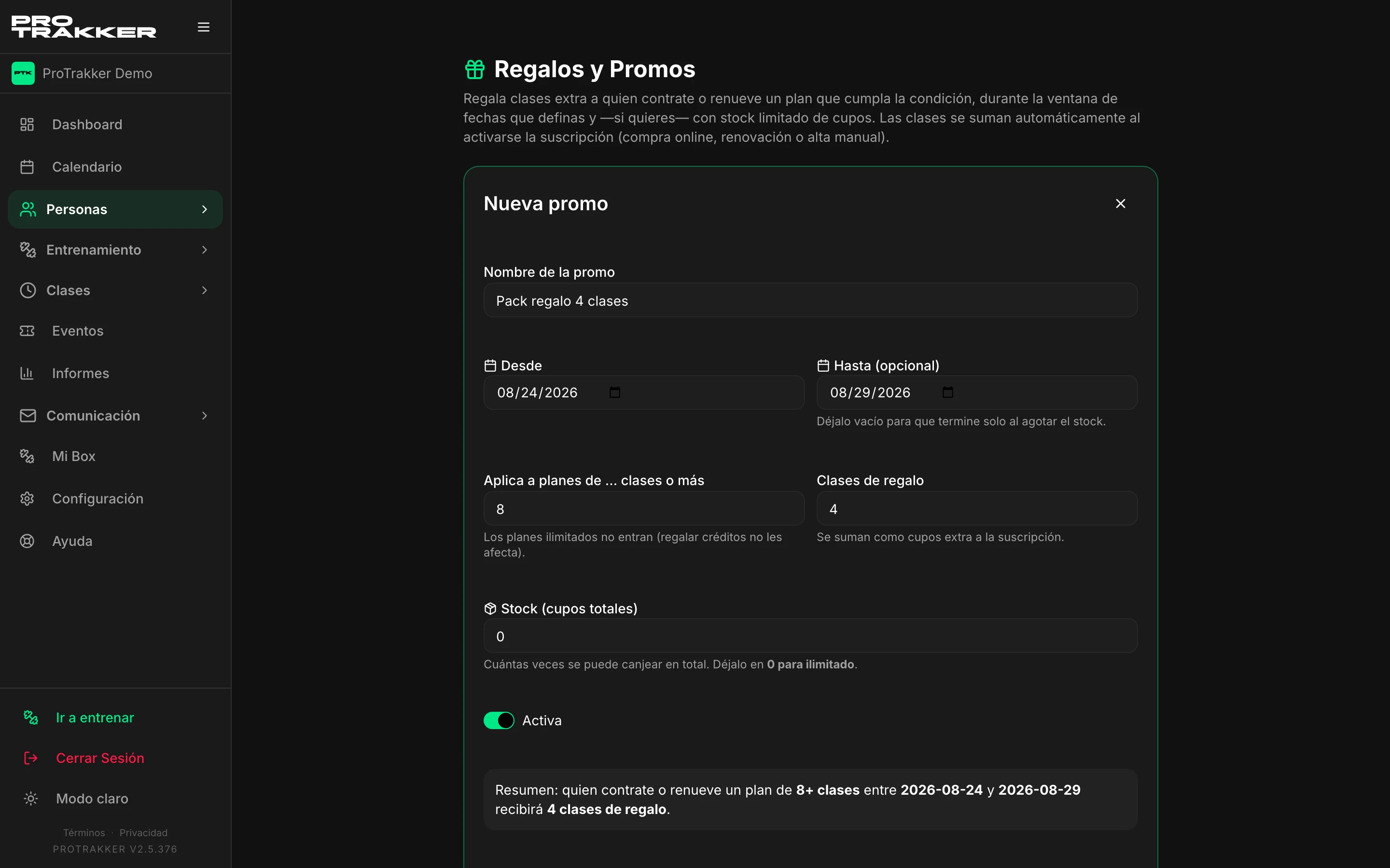 El formulario de una promo: nombre, fechas, clases mínimas, clases de regalo y stock