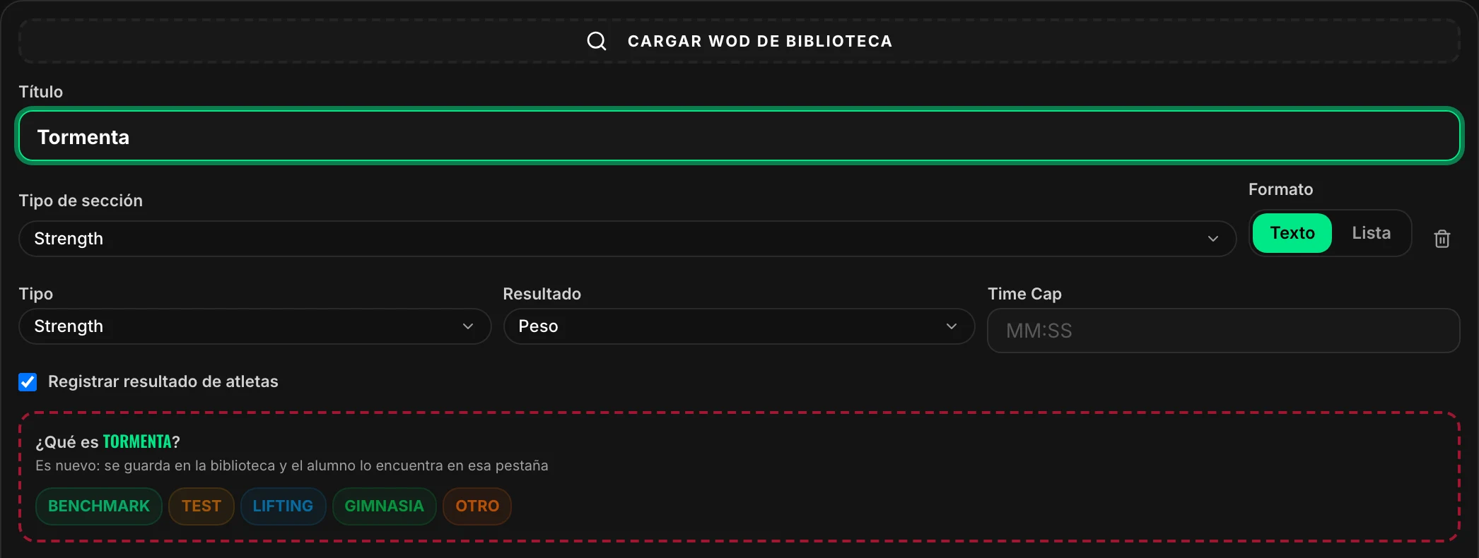 Un bloque con «Registrar resultado de atletas» activado y la pregunta «¿Qué es…?» de un WOD nuevo