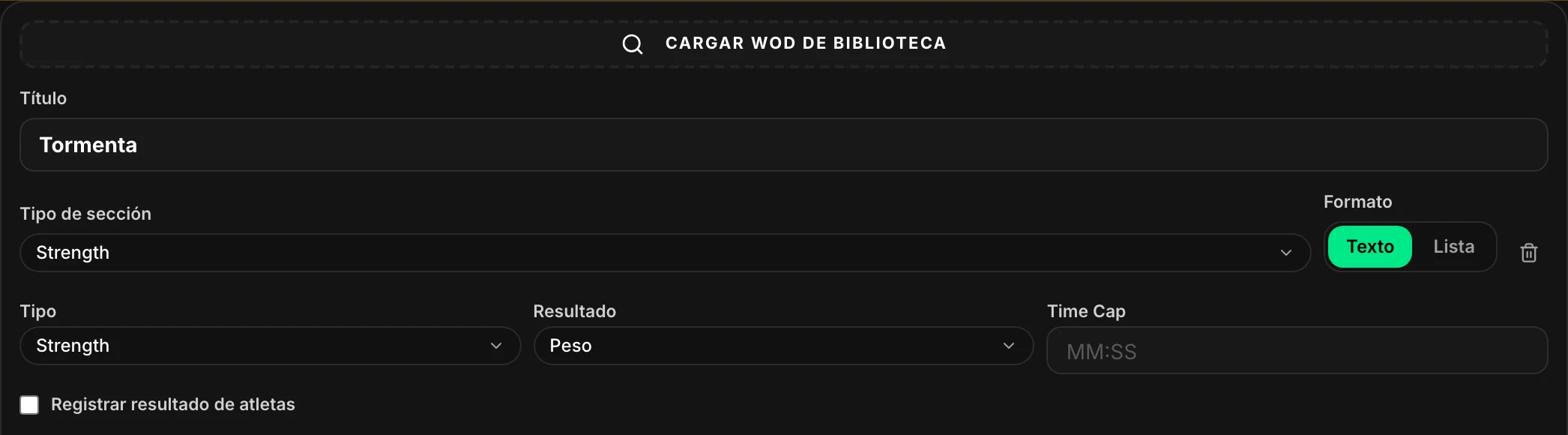 El mismo bloque con la casilla desactivada: ya no pregunta qué es el WOD