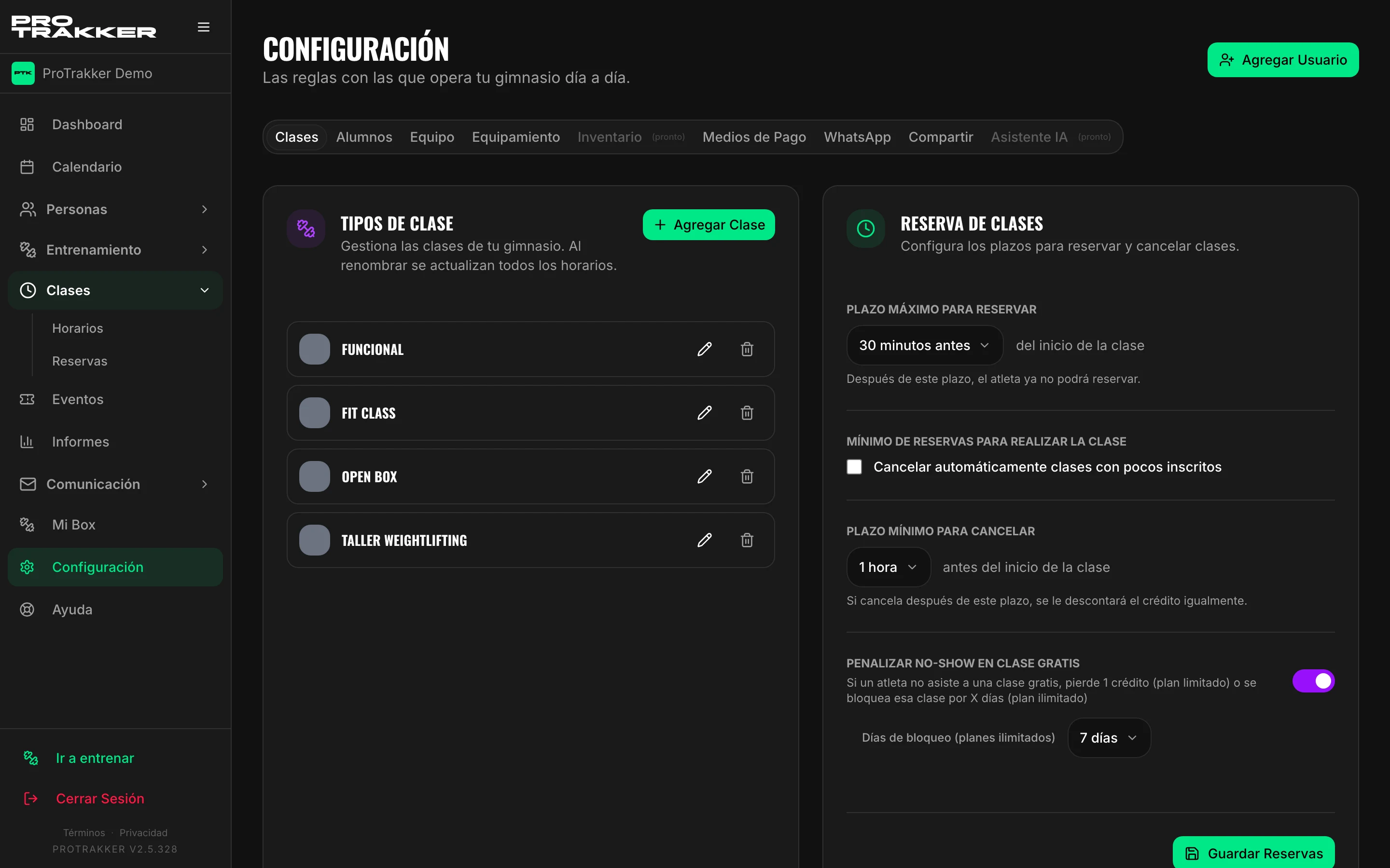 Las ventanas de reserva y cancelación en Configuración → Clases