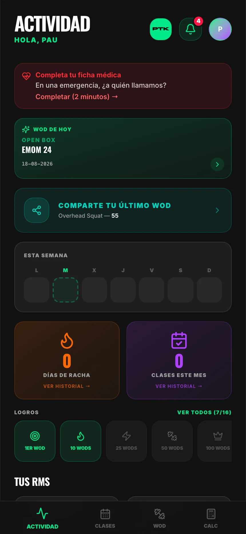 La pantalla del alumno: su último WOD, su racha y sus logros